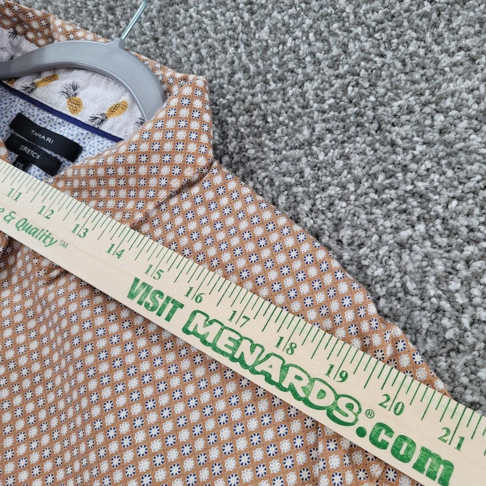 Tahari Mens XXL Stretch Short Sleeve Button Down Shirt Tan Geometric Pineapple